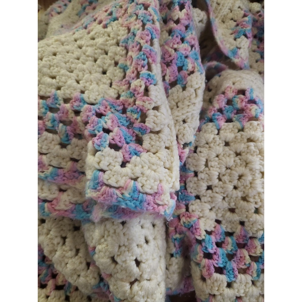 Granny Square Afghan Crochet Throw Vintage 72"x46" Pink Purple Blue White Pastel